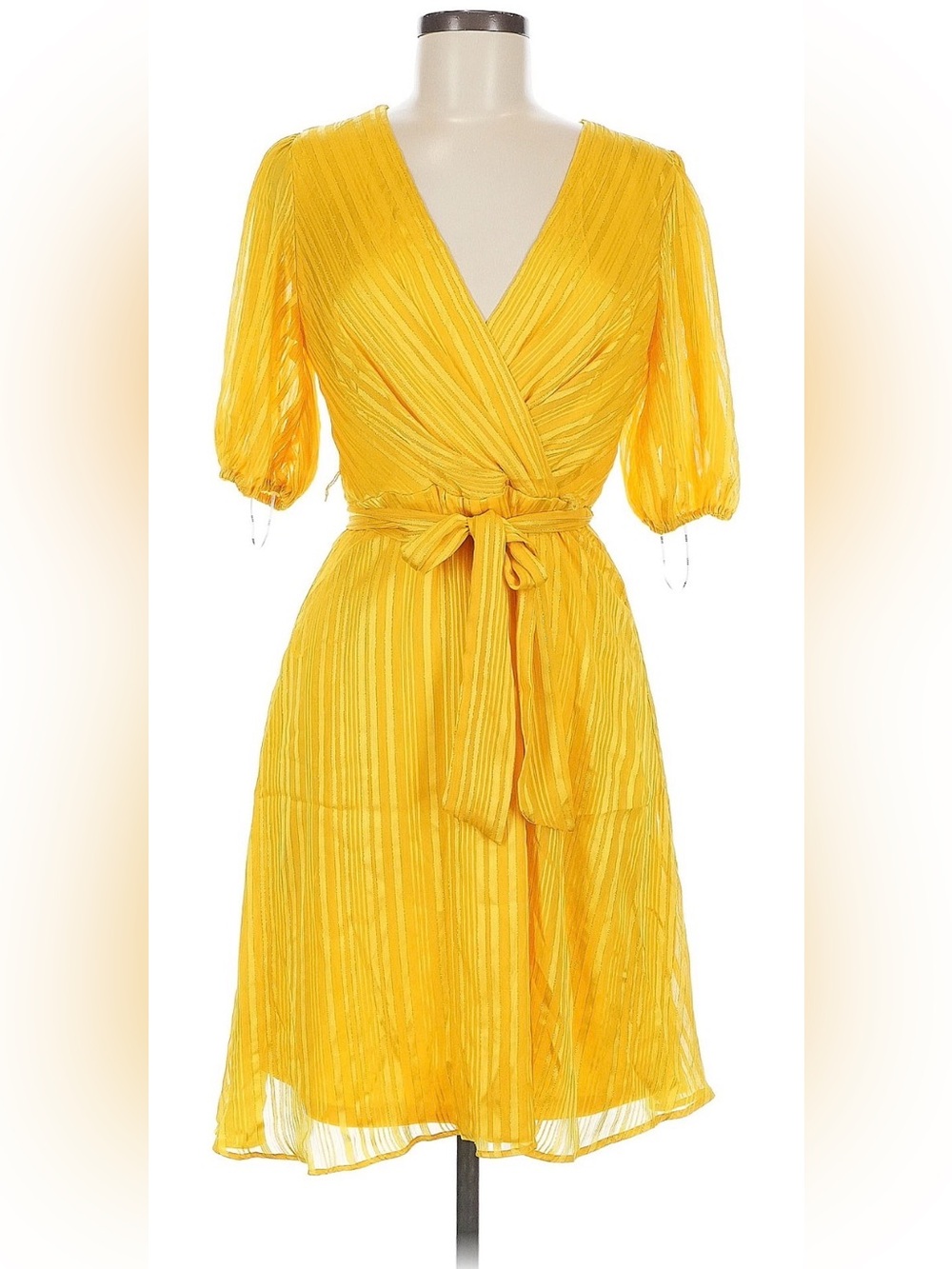 Dkny Sunny Yellow Wrap-Style Midi Dress with Tie Waist